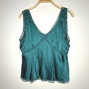 Nine West Silk Lace Trim Tank‎ Top Emerald Green Sleeveless V-Neck Size 14